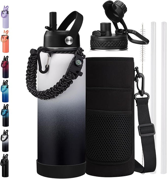 40 oz Water Bottle with Straw - Insulated Water Flask with Straw & Auto Spout Lid, Paracord Handle & Carrying Case, Keep Cold 48H Hot 24H Thermal Hydro, Metal Water Flask for Hiking Running