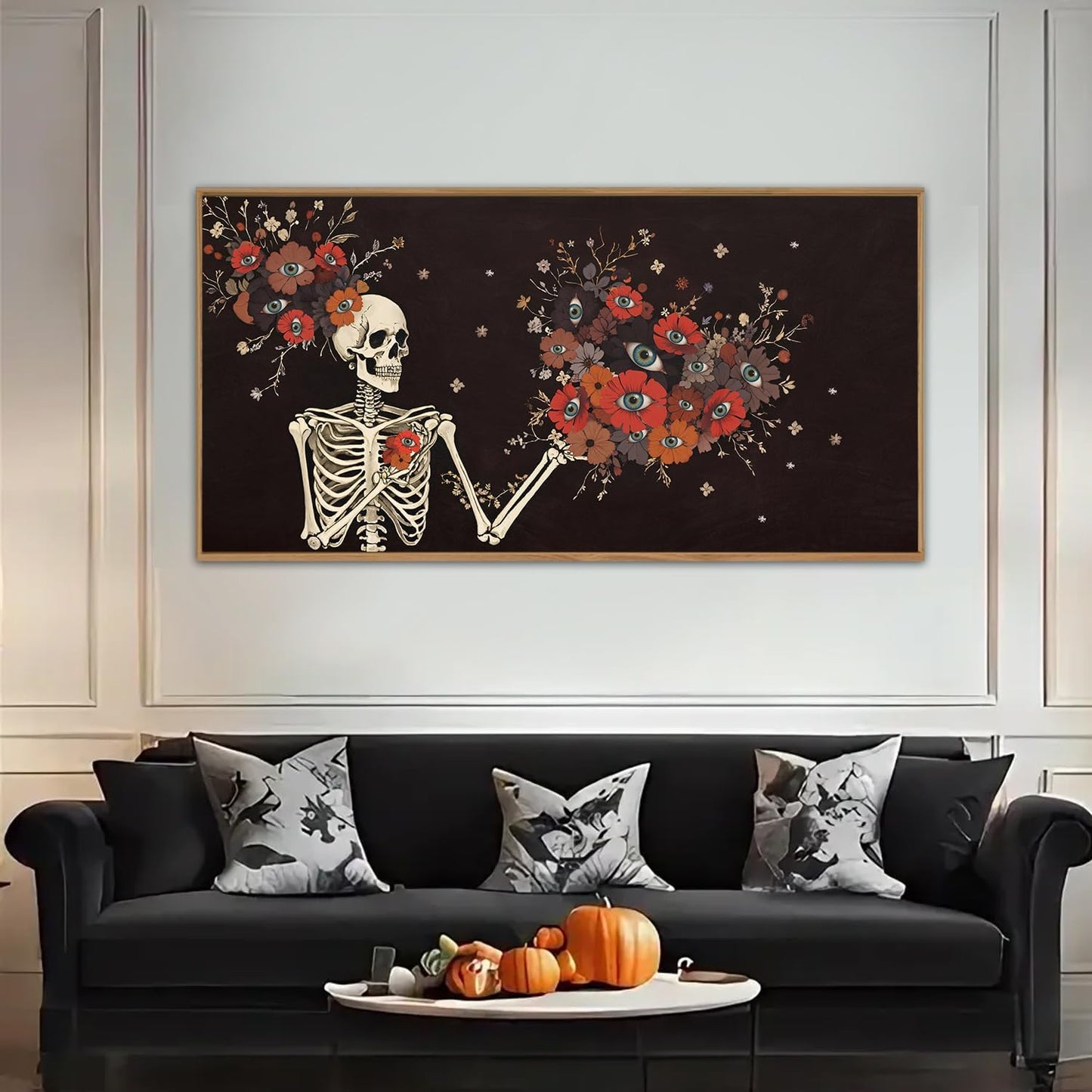 KAIRNE Halloween Skeleton Wall Art,Gothic Skull Canvas Set of 1(40”x20”),Romantic Spooky Floral Botanical Print,Scary Skull Painting,Horror Halloween Wall Art for Living Room Bedroom Goth Party Decor
