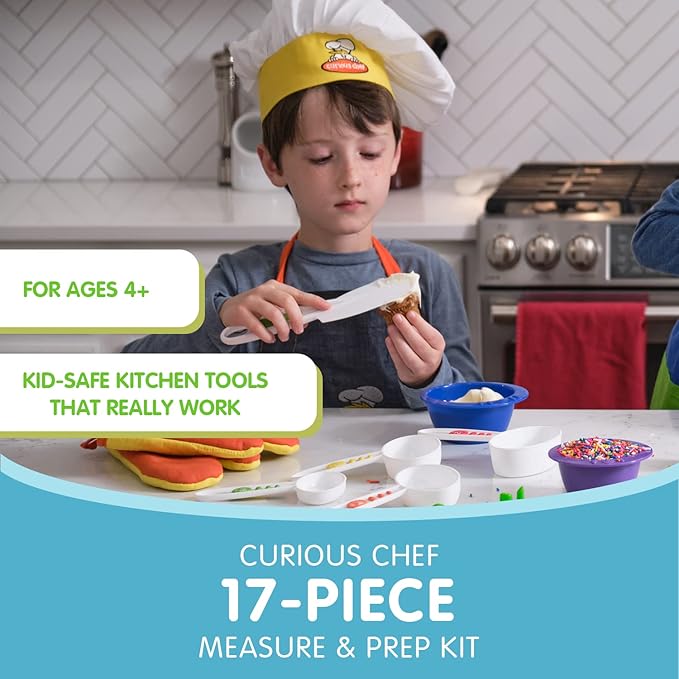 Curious Chef 17-Piece Cookware for Kids, Measure & Prep Kit, Dishwasher Safe Tools, Made with BPA-Free Plastic, Includes Real Utensils - Measuring Cups, Spoons, Bowl Set, Kitchen Timer & More