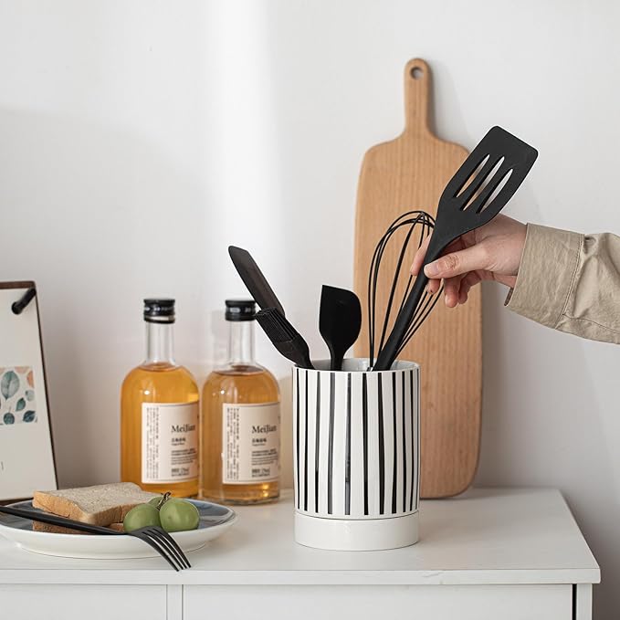Small Utensil Holder for Kitchen Counter 4.1 x 6 Inches Ceramic Cooking Utensil Crocks Countertop Organizer Vintage Farmhouse Kitchen Decor Caddy,Stripe