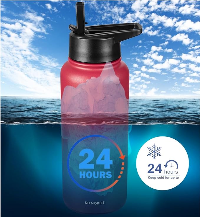Water Bottle Insulated 32oz Straw Lid, Leak Proof, Vacuum Insulated,Stainless Steel Water Bottle Wide Mouth for Sports, Gym, BPA-Free Keep Cold 24H Hot 12H (Red Purple)