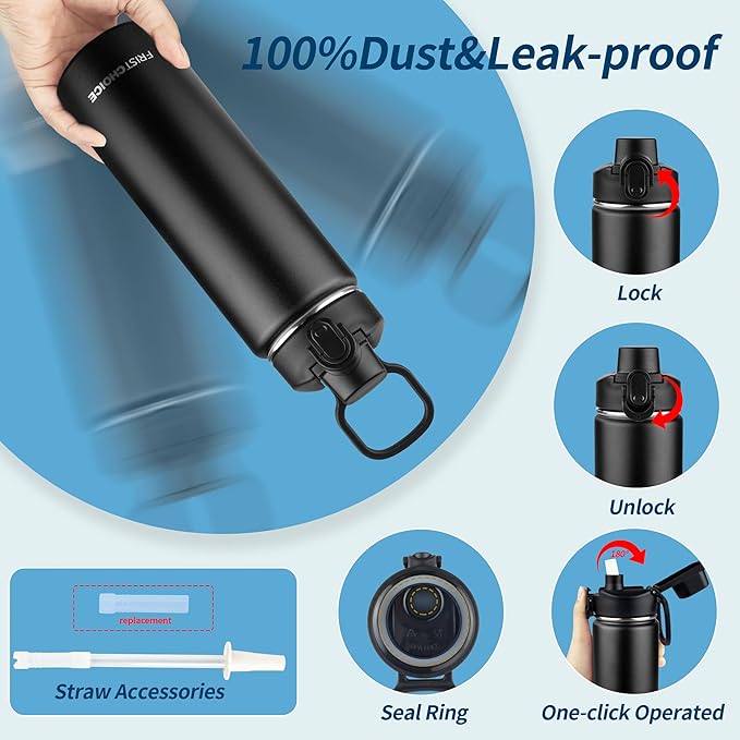 Insulated water bottle with Straw,24oz Stainless Steel Water Bottle for Adult Kids,Double Wall Vacuum Wide Mouth Insulated Water Bottle for Sports,BPA-free and Leak-proof（24oz,Black）
