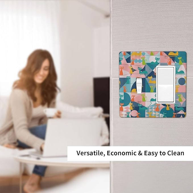 Mid Century Modern Atomic Cute Cats 2 Gang Single Toggle Rocker Combination Light Switch Covers Wall Plate Cover Electrical Faceplate Decorative Switchplate for Kidroom Nursery Bedroom Decor