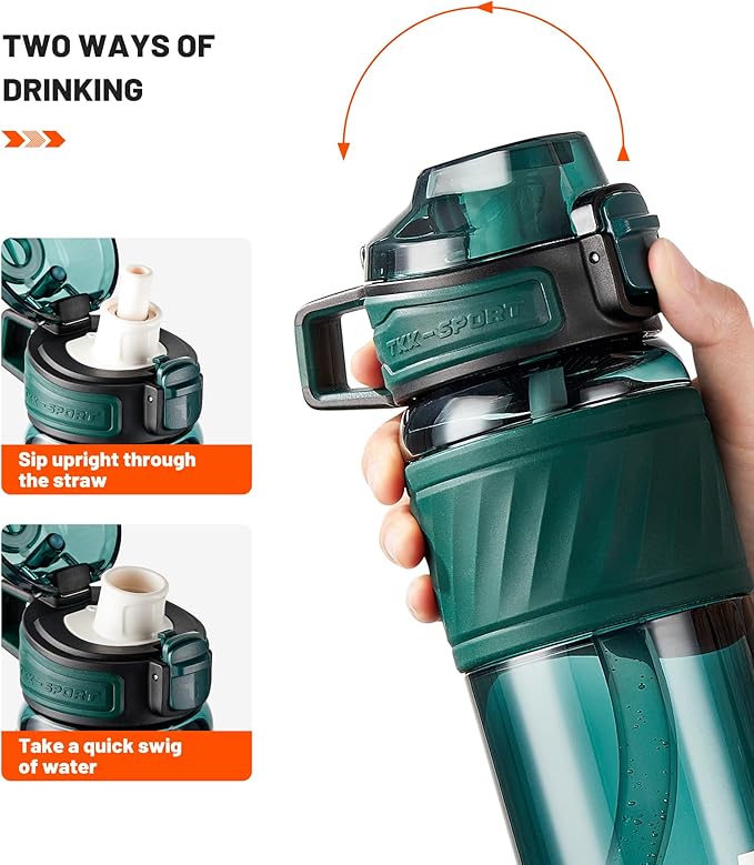 TKK 20oz Sports Water Bottles with Removable Straw Durable BPA Free Tritan Bottles Leak-Proof Water Bottles for School, Fitness, Gym, Outdoor, Green