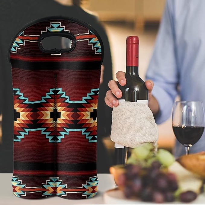 doginthehole Southwest Tribe Wine Tote Carrier Bag 2 Bottle Wine Carrying Bag Aztec Pattern Neoprene Champagne Bottle Protective Insulated Sleeve for Wedding, Birthday, and Dinner Party