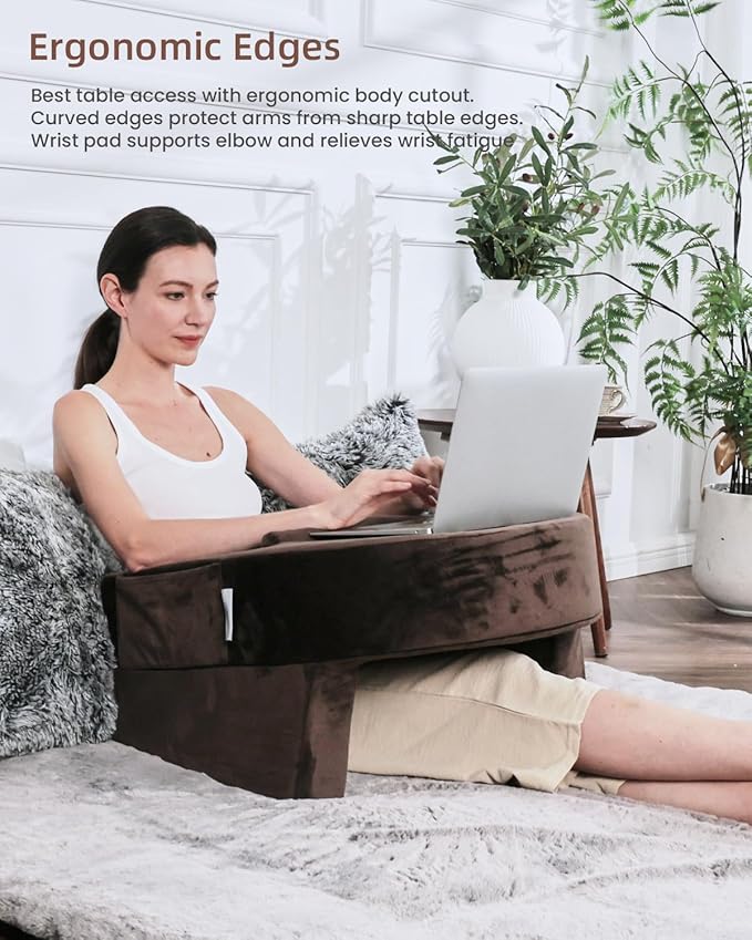 Weighted Idea Reading Pillow for Gaming, Extra Large Arm Rest Pillow for Adult，Lap Desk Pillow Gaming Pillow with 2 Side Pockets for Gaming, Reading, Working Sitting in Bed Floor Sofa (Brown)