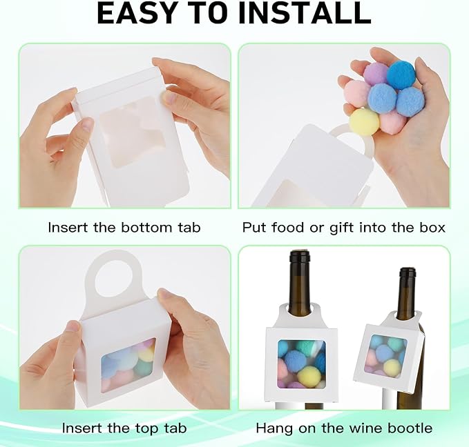 Sibba Kraft Paper Wine Bottle Box 14 Pcs Hanging Foldable Gift Wine Accessory Sets Folding White Bags Reusable Package With Window Handles for Kitchen Dining Engagement Christmas Party