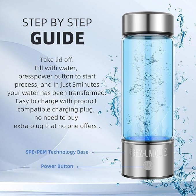 Hydrogen Water Bottle 2024 4th Generation 1600+PPB Hydrogen Water Generator with SPE PEM Technology, 14.5OZ 3min Quick Electrolysis, Water Ionizer, Includes Charging Adapter& Cable.