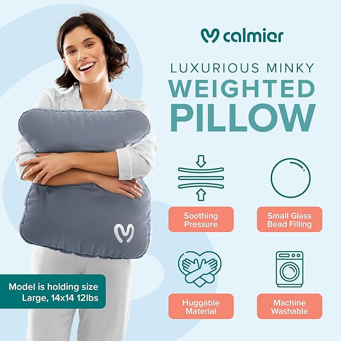Calmier - 9 lb Sensory Weighted Pillow - Glass Bead Filled Hug Pillow - Ultra Plush Cozy Weighted Pillows for Adults and Kids - Child Sensory Pillow - Weighted Lap Pad (Light Grey - Minky, 9 LBS)