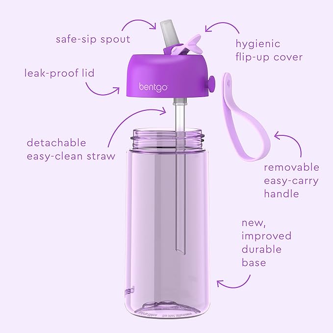 Bentgo Kids Water Bottle - Leak-Proof, Durable Tritan™, BPA-Free 15 oz. Cup for Kids/Toddlers Ages 3+ - Flip-Up Straw & Dishwasher Safe for School, Sports, Daycare & Camp (Purple)