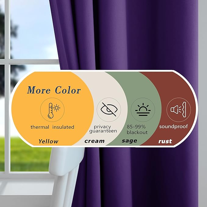 Royal Purple Blackout Curtains for Bedroom 42 x 63 Inch Length Set of 2 Panels Block Heat Light Blocking Thermal Insulated Room Darkening Curtains for Living Room Dark Purple 63 Inches Long