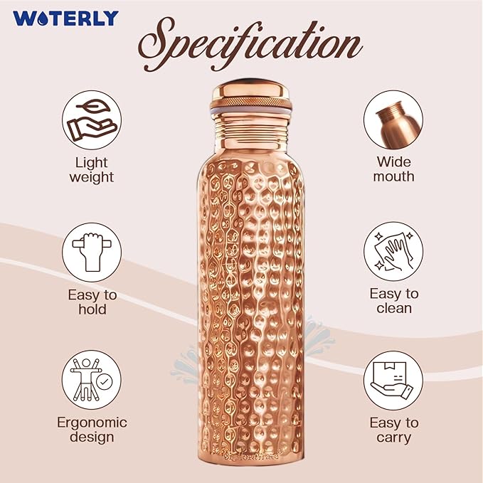 Handcrafted Pure Hammered Copper Bottle 34 oz (1000 ml) | Ayurvedic Pure Copper Bottle | Best use for Office, Gym & gifts | 100% Pure Heavy Copper Material with Leak proof Quality ( Hammered )