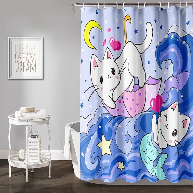 AILONEN Cute Cat Shower Curtain,Kawaii Cartoon Mermaid Kitten Polyester Cloth Bath Curtain Set for Girls Boys,Kittens with Spray Waterproof Shower Curtains for Bathroom, 48" W*72" H Blue