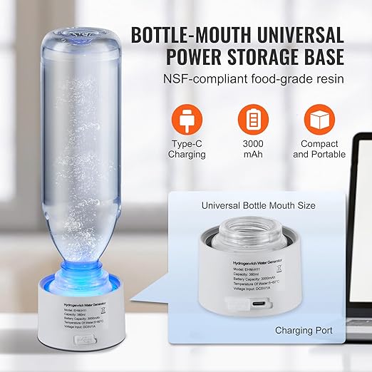 VEVOR Hydrogen Water Bottle, Hydrogen Water Bottle Generator up to 2000 ppb, 380ml Portable Hydrogen Water Machine, SPE Technology hydrogen water generator with Nasal Inhalation Tube and Self-Cleaning