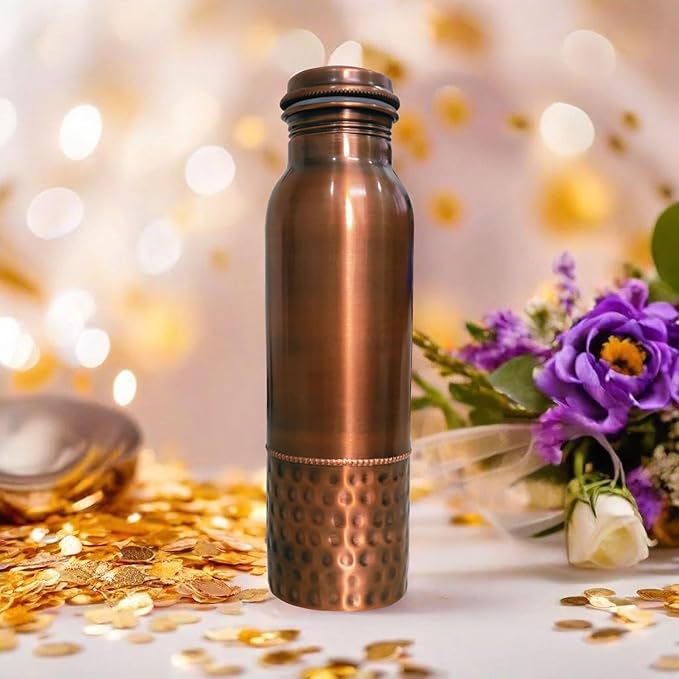 Hammered Curved Copper Water Bottle - Seamless Leak Proof Joint Less Water Bottle for Ayurvedic Benefits (Design 4)