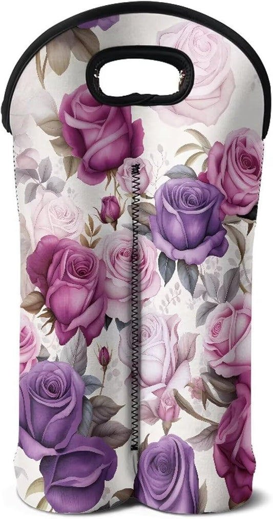 doginthehole 2 Bottle Wine Carrier Bag, Retro Purple Pink Rose Pattern Neoprene Wine Tote Bag with Handle, for Travel, Wine Tasting Party, Champagne/Beer/Drinks Carriers Bag for Wine Lover