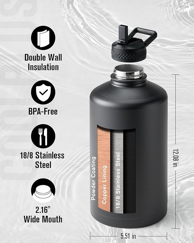 Coolplus Gallon Water bottle insulated with straw, Water Jug 128 oz Stainless Steel Double-Walled Vacuum Metal Large Flask With Carry Sleeve for Sports Gym Ourdoor, Keep Cold 48 Hrs, Black