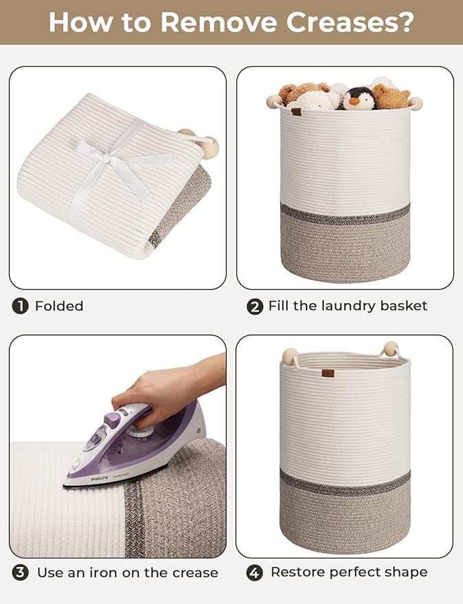 StorageWorks 72L Cotton Rope Laundry Basket with Wooden Beads Handles, Woven Basket for Storage, Dirty Clothes, Kids Toys, Towels, White & Light Brown