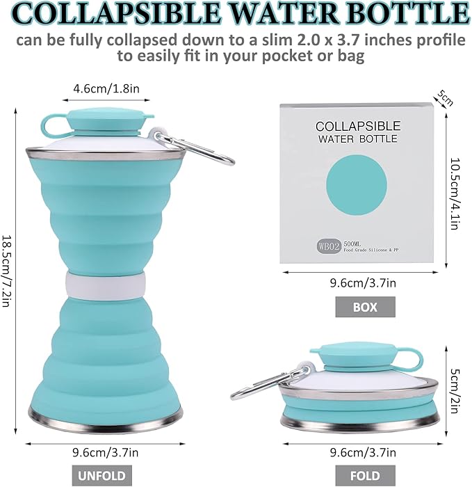 jessie Collapsible Water Bottles 17 oz Silicone Foldable Water Bottles Portable Travel Water Bottle with Buckle for Camping Hiking Sports Outdoor Gym Summer (Light green)