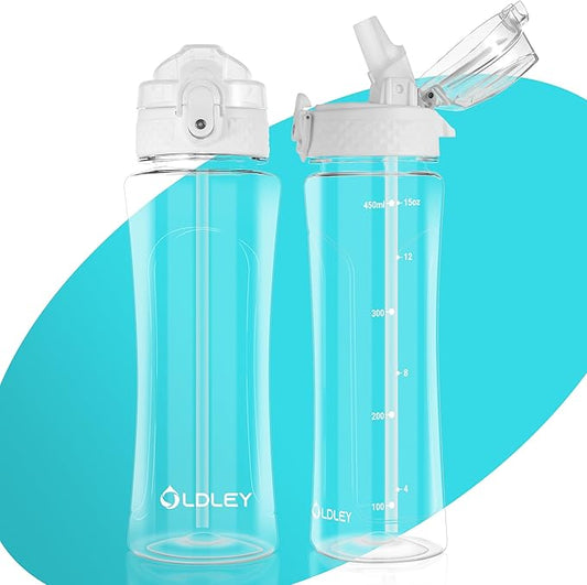 OLDLEY Kids Water Bottle with Straw 15 oz BPA-Free Leak-Proof Motivational Water Bottles with Time Marker for School Sports Travel Gym, Easy to Use for Girls Goys, 1 Straw Lid, Transparent