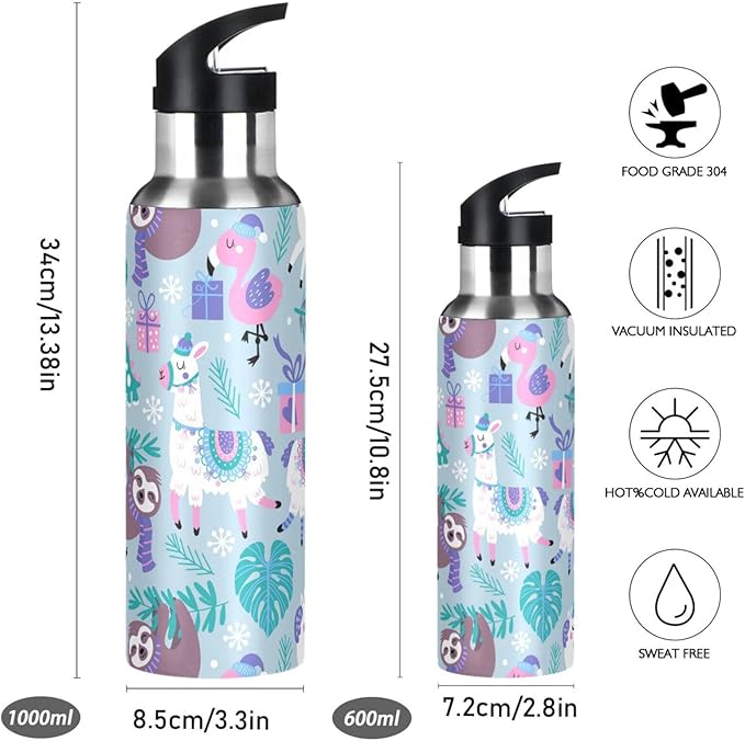 senya 34 Oz Water Bottle with Straw Animals Alpaca Llama Sloth Dinosaur Stainless Steel Water Bottle for Traveling Sports Leakproof Insulated Water Bottle