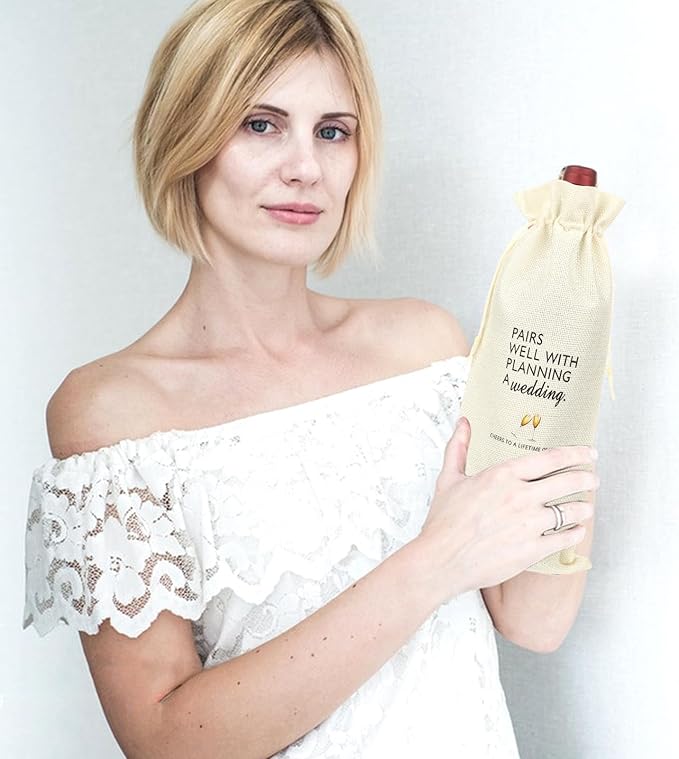 Styquenzer Engagement Gifts for Couples Wedding Wine Bag Newly Engaged Gifts for Newly Engaged Couples Cotton Linen Wine Gift Bag With Drawstring Pairs Well with Wedding Planning