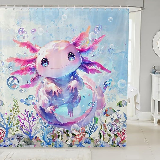 Feelyou Boys Girls Cute Axolotl Shower Curtain Ocean Sealife Bathroom Shower Curtain Set Kids Kawaii Bath Curtain Cartoon Salamander Teens Bathroom Accessories Room Decor 72"x78"