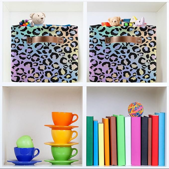 Leopard Storage Basket Fabric Storage Bin Decorative Baskets, Yellow Purple Green Foldable Storage Boxes Organizer Bag for Baby Cloth Dog Toy Book Storage Cubes Shelf Closet Basket 16×12×8 Inches