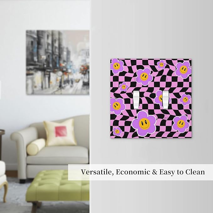 Flowers with Checkered Double Toggle Light Switch Covers 2 Gang Wall Plate Dual Decorative Switchplate Electrical Faceplate for Bathroom Country Kitchen Bedroom Decor, 4.9" x 5"
