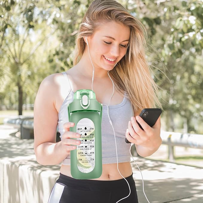 32 oz Glass Water Bottle with Time Marker - 1000ml Large Sports Motivational Water Bottles with Handle & Silicone Case, 1 Liter Leak-proof Measured Drinking Bottle for Gym Fitness Workout (Green)