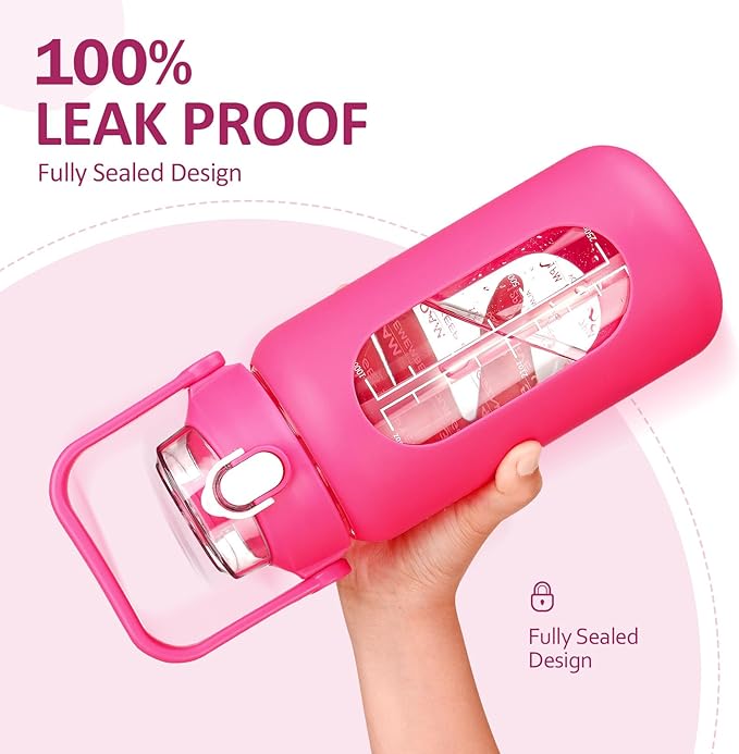 kytffu 42oz Glass Water Bottles with Straw, Motivational Glass Bottle with Silicone Sleeve and Time Marker, Leakproof Large Glass Water Jug for Gym Home Office,Rose red