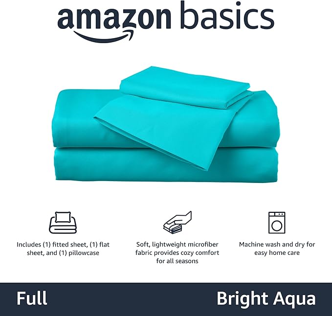 Amazon Basics Kid's Soft Easy-Wash Lightweight Microfiber 4-Piece Sheet Set, Full, Bright Aqua, Solid