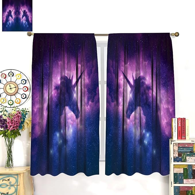 Unicorn Curtains Children's Cartoon Starry Sky Theme Unicorn Pattern Curtains Star Galaxy Boys Girls Room Blackout Curtains 55x63 Inch 2 Panels