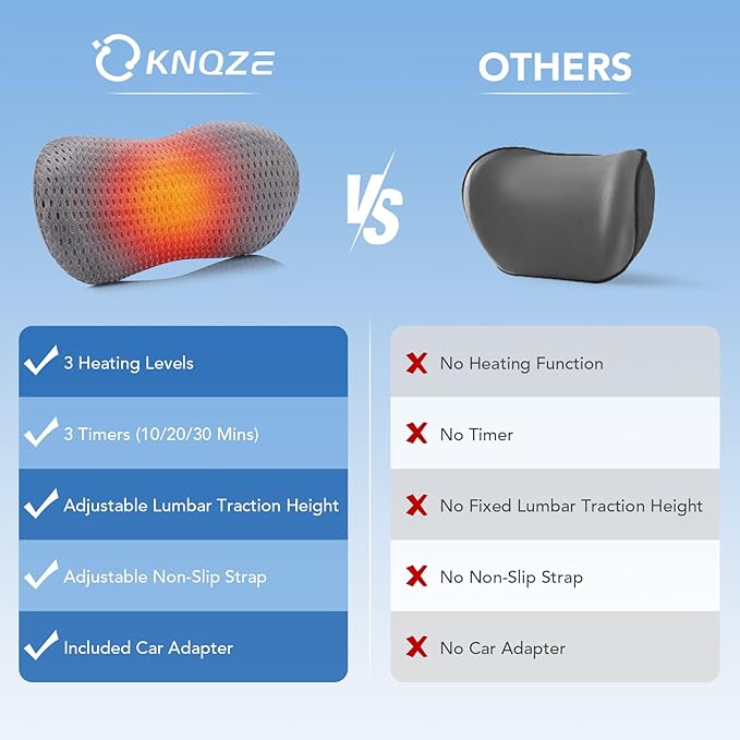 Lumbar Support Pillow Adjustable Traction Height with Heating for Lower Back Pain Relief, Memory Foam Back Pillow, Ideal for Office Chair, Recliner, Car Seat, Bed