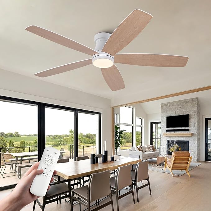 52 inch Ceiling Fans with Lights and Remote,Flush Mount White Ceiling Fan,Memory Fuction Reversible Quiet DC Motor Low Profile Ceiling Fans For Living Room Bedroom Outdoor(White&Natural Wood)