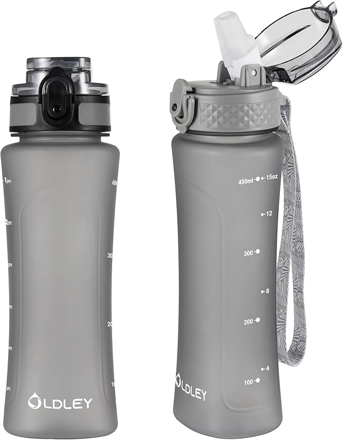 OLDLEY Kids Water Bottle for School with Straw Chug Lid, 15 oz Unbreakable Leak-Proof BPA-Free Motivational Water Bottles with Time Marker for Travel Sports Gym, 2 Lids, Grey