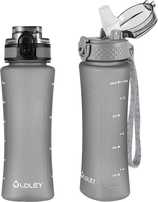 OLDLEY Kids Water Bottle for School with Straw Chug Lid, 15 oz Unbreakable Leak-Proof BPA-Free Motivational Water Bottles with Time Marker for Travel Sports Gym, 2 Lids, Grey