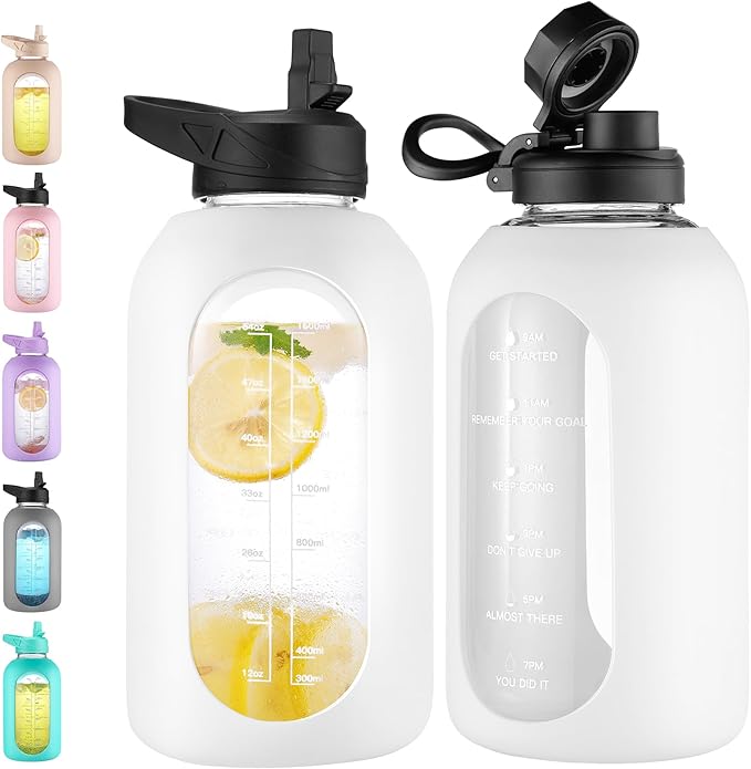 CIVAGO 64 oz Glass Water Bottle Jug with Straw and Handle, Half Gallon Sports Motivational Water Bottle with Time Marker and 2 Lids, Large Water Flask Canteen with Silicone Sleeve for Gym,White