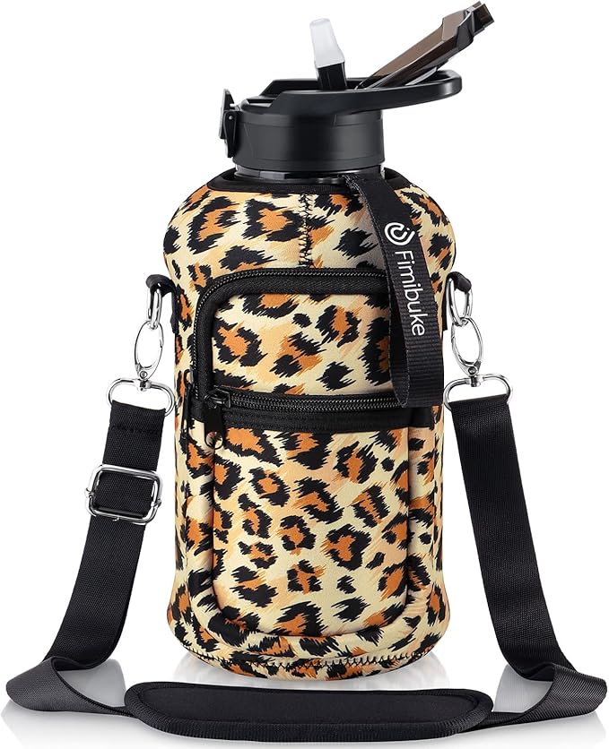 Fimibuke Half Gallon Water Bottle with Sleeve 64 OZ Water Bottle with Handle & Straw Leakproof Motivational Sports Gym Water Bottle with Time Marker BPA Free Water Jug with Reusable Neoprene Holder