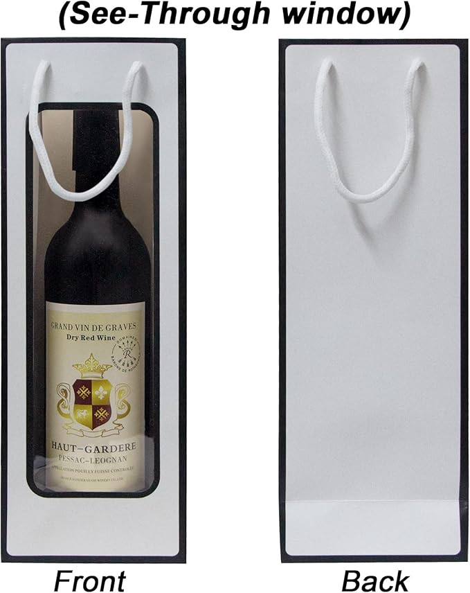 WAKAKO 12 Pcs Wine Gift Bags for Wine Bottles, Reusable Clear Window Wine Bottle Bags Bulk with Handles for Weddings, Valentine's Day, Birthday, Party, Graduations, Thanksgiving (White)