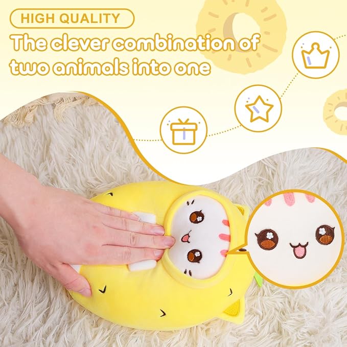 Cute Plush Pineapple Cat Stuffed Animal Pillow, 8" Soft Kawaii Kitten Plushie with Pineapple Outfit Gift for Kids