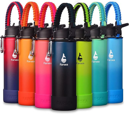 Farsea Insulated Water Bottle With Paracord Handle, Protective Silicone Boot and 2 Lids (Straw Lid & Spout Lid), Stainless Steel Water Bottle Wide Mouth, Double Wall Sweat-Proof BPA-Free, 24 oz