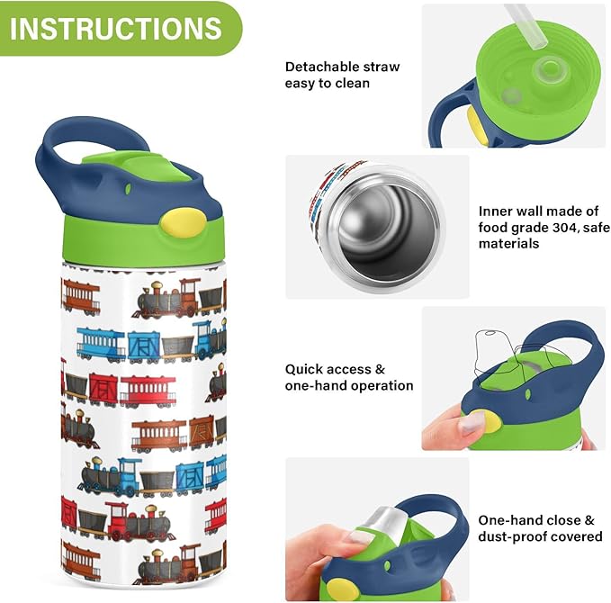 Colorful Truck Trains Railroad Kids Water Bottle with Straw Insulated Stainless Steel BPA-Free Sport Bottles for Boys Girls Toddlers 12 oz Green Lid