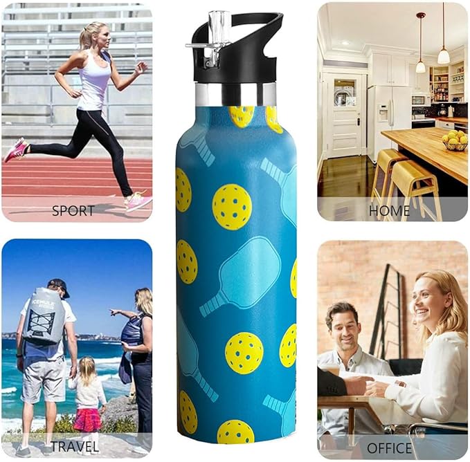 Pickleball Sport Water Bottle with Straw, Vacuum Insulated Stainless Steel Thermal Drinking Travel Mug Cups For Gym Fitness Camping-20oz/600ml
