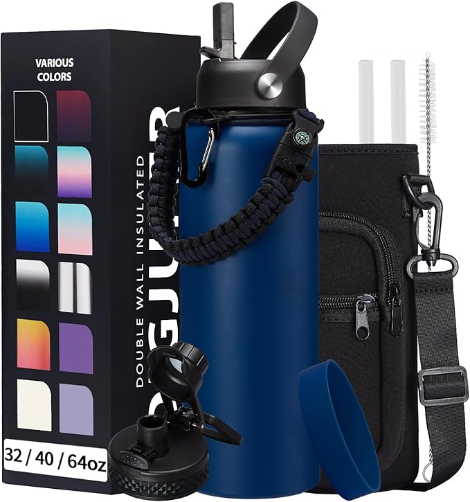 Water-Bottle Insulated 40oz with Straw - Carrying Pouch & Paracord Handle, Leakproof Thermo Flask Bottle Keep Cold 48H Hot 24H, Sport Canteen Stainless Steel Water Bottle for Indoor Outdoor