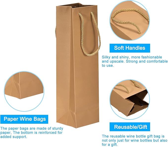 uxcell Wine Bags, 12pcs Khaki 4 x 4 x 14 In Wine Gift Bags with Rope Handles Paper Wine Tote Bag for Wedding Birthday Christmas Party Supplies