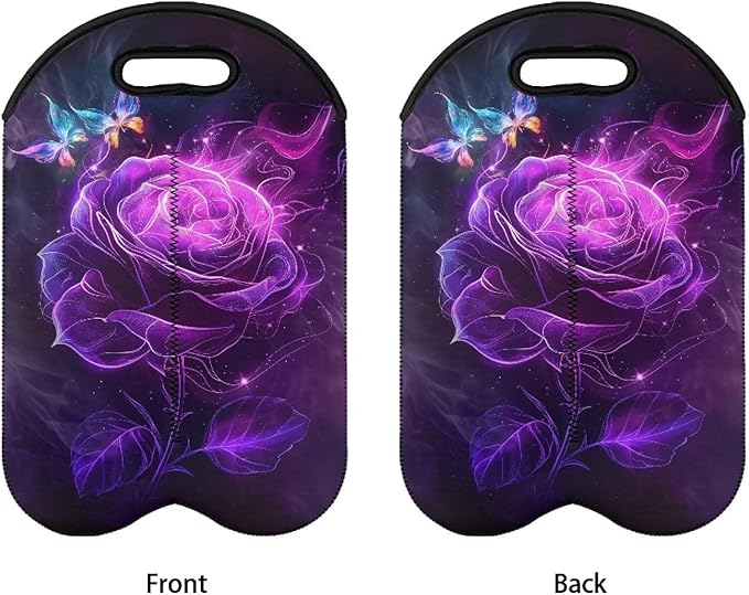 doginthehole Wine Carrier Tote Bag Two Bottle Aesthetic Purple Rose Butterfly Print Neoprene Wine/Water Bottle Holder for Travel with Carry Handle Champagne Bottles Protective Case for Wine Lovers