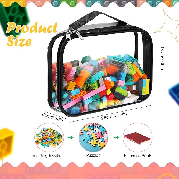 Sanwuta 3 Packs Toy Storage Bags with Zipper, Clear PVC Organizing Bags, Waterproof Toy Bags for Board Games, Building Blocks, Toys and Kids Books (Black,10.24 x 7.09 x 2.36 Inch)