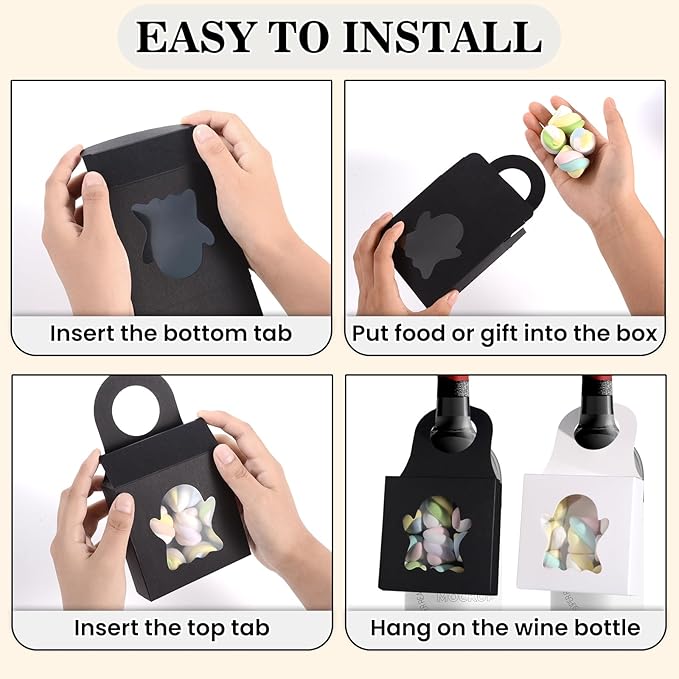 Megitzuu 30PCS Wine Bottle Box with Window, Kraft Paper Wine Boxes for Halloween Gifts Hanging Pumpkin Treat Box Mini Charcuterie Boxes Wine Bottles Gift Bags Goodies Candy Box Party Favor (Ghost)