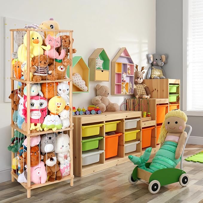 ACEPRUT Wood Stuffed Animal Storage Holder, Space Save Three Tier Vertical Large Stuffed Animal Zoo Organizer for Playroom Bedroom, Toy Storage Birthday Gifts for Kids